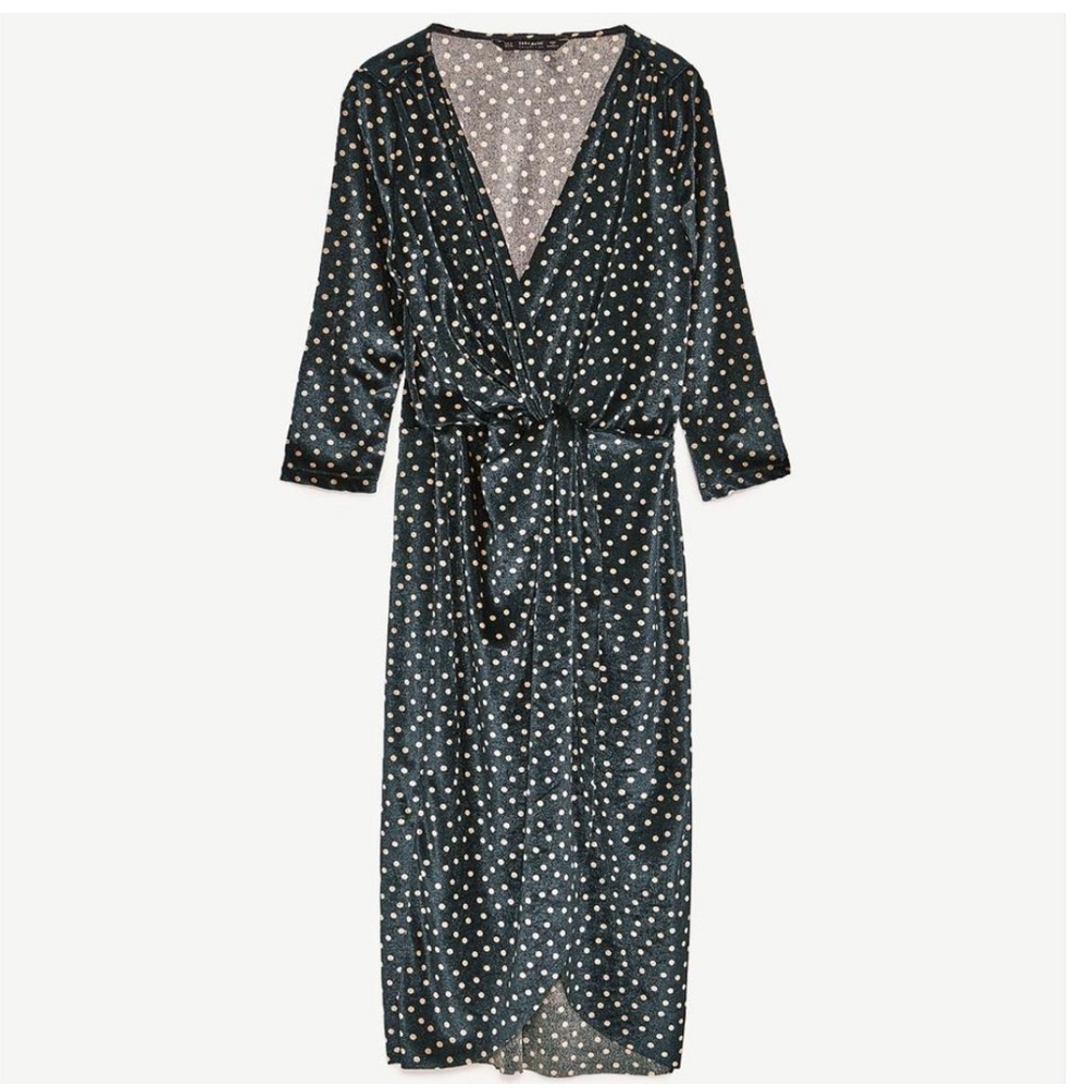 Zara Velvet Green Polka Dot Dress Size Medium